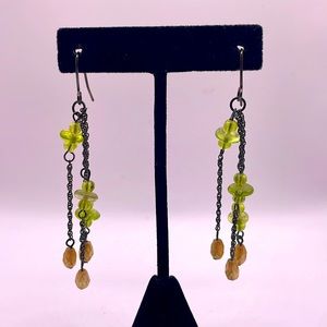 Vintage Black Beaded Green Dangle Drop Statement Earrings
